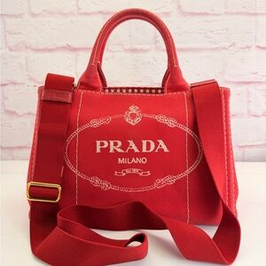 Prada Canada Red Canvas 2 Way Small Tote